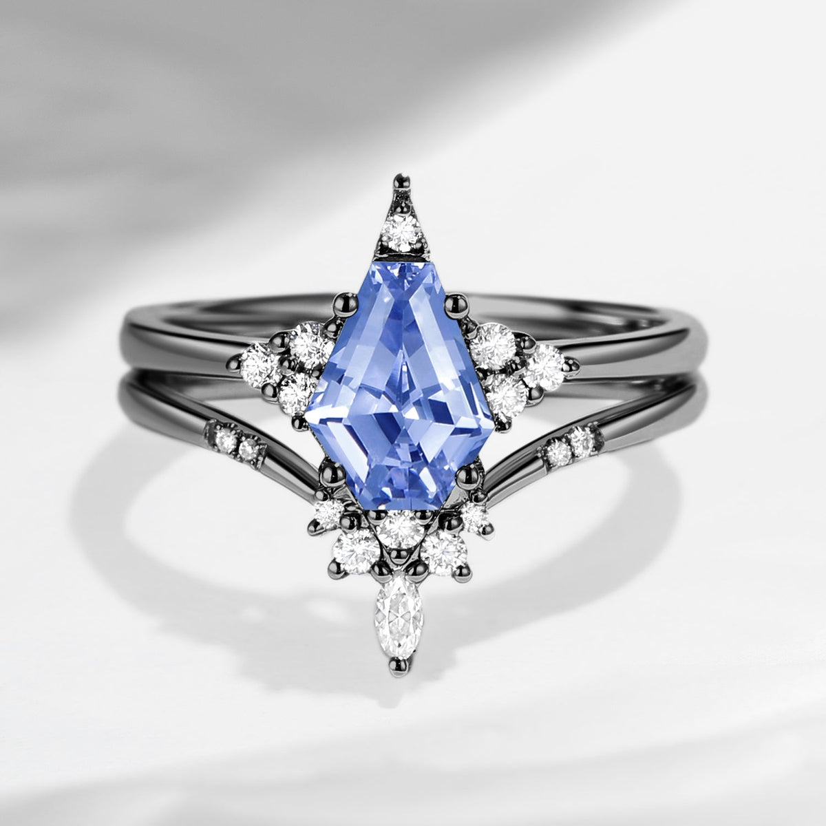 Unique Coffin Lab Cornflower Sapphire Star Cluster Engagement Ring Set 2pcs - Coffin Kite
