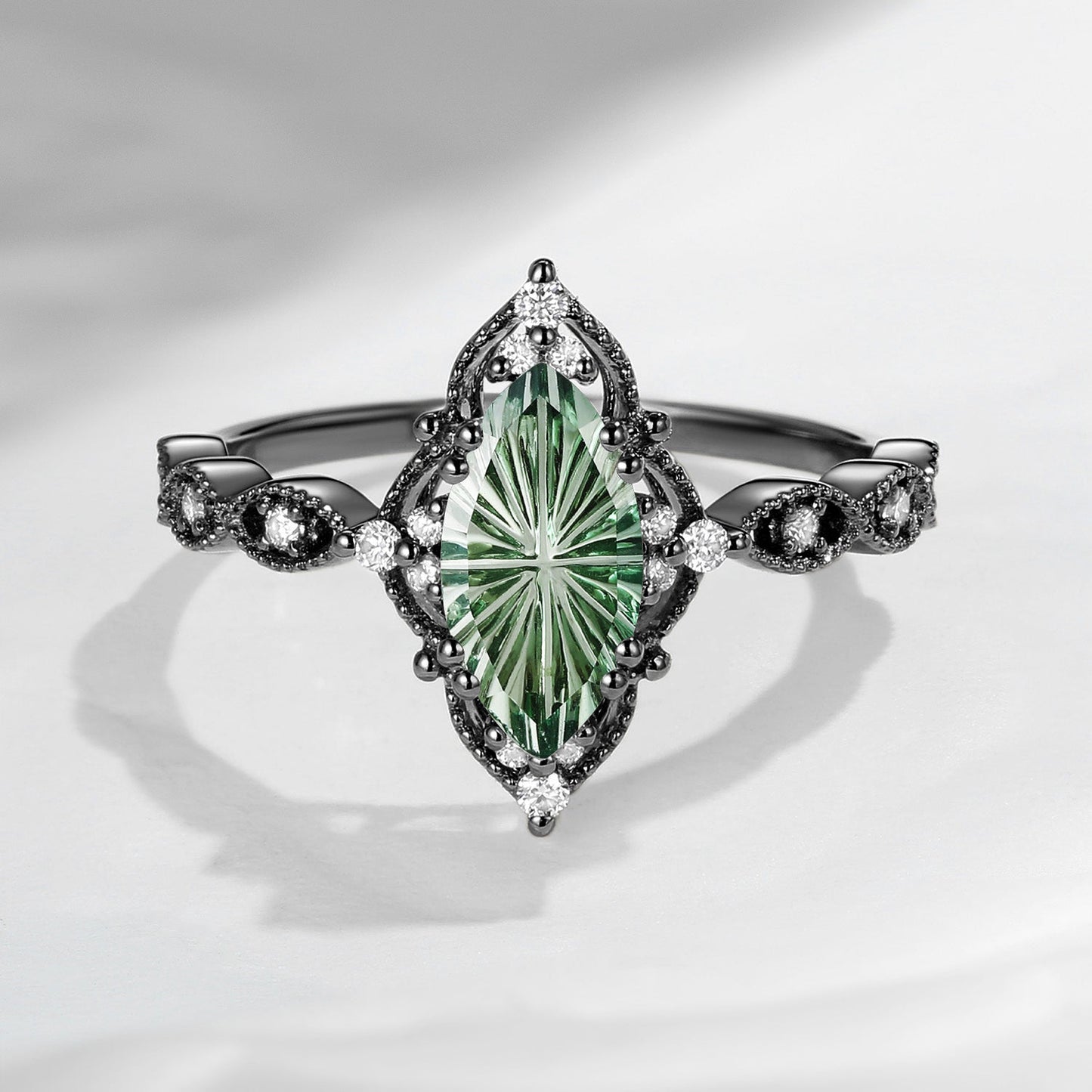 Fantasy Carved Lab Green Sapphire Marquise Vintage Inspired Engagement Ring