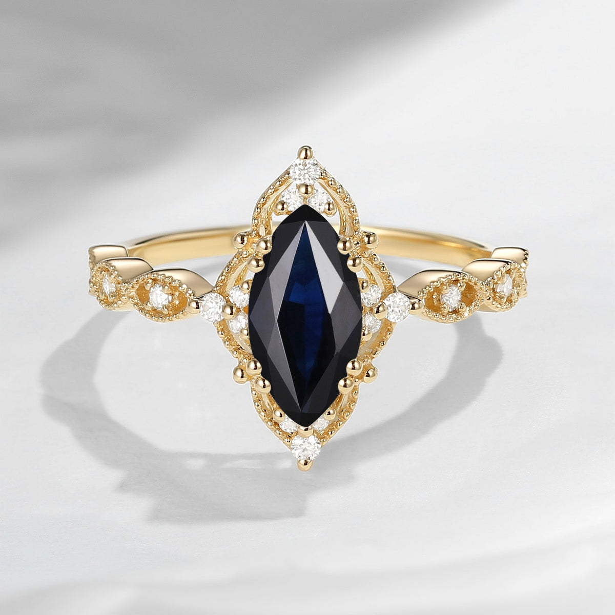 18K Unique Marquise Natural Black Sapphire Vintage Inspired Engagement Ring