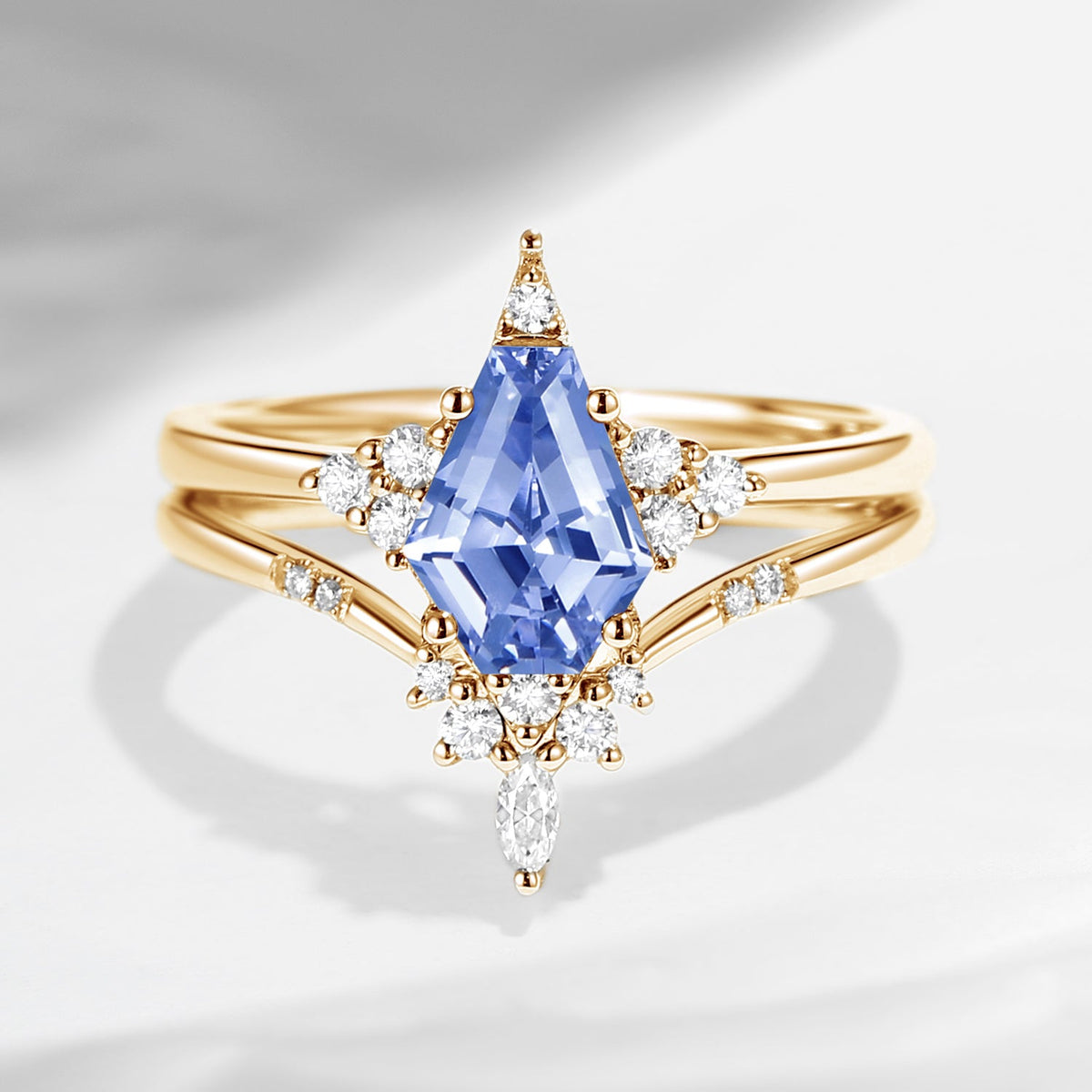 Unique Coffin Lab Cornflower Sapphire Star Cluster Engagement Ring Set 2pcs - Coffin Kite