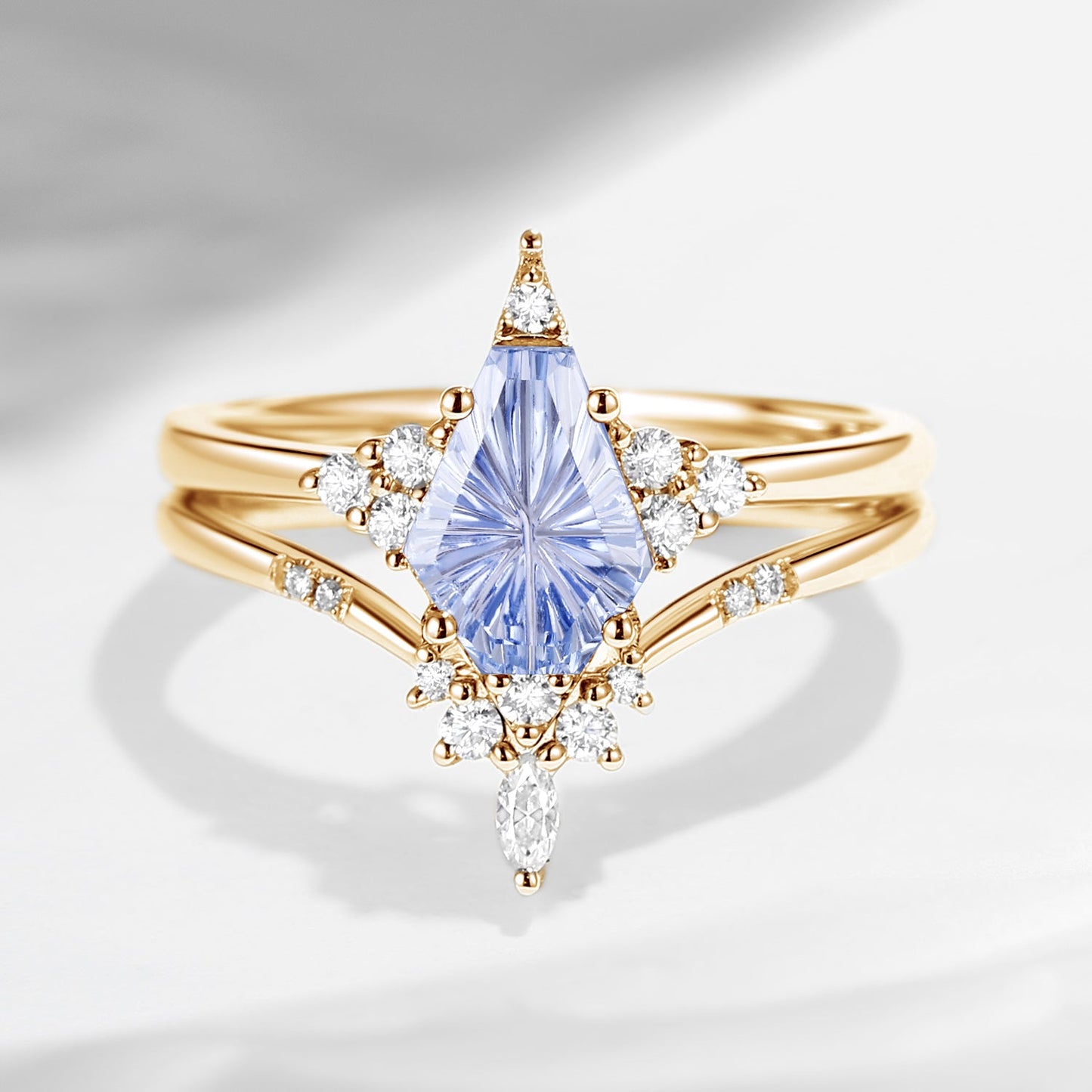 'Coffin Kite' - Fantasy Carved Coffin Lab Cornflower Sapphire Cluster Star Engagement Ring Set