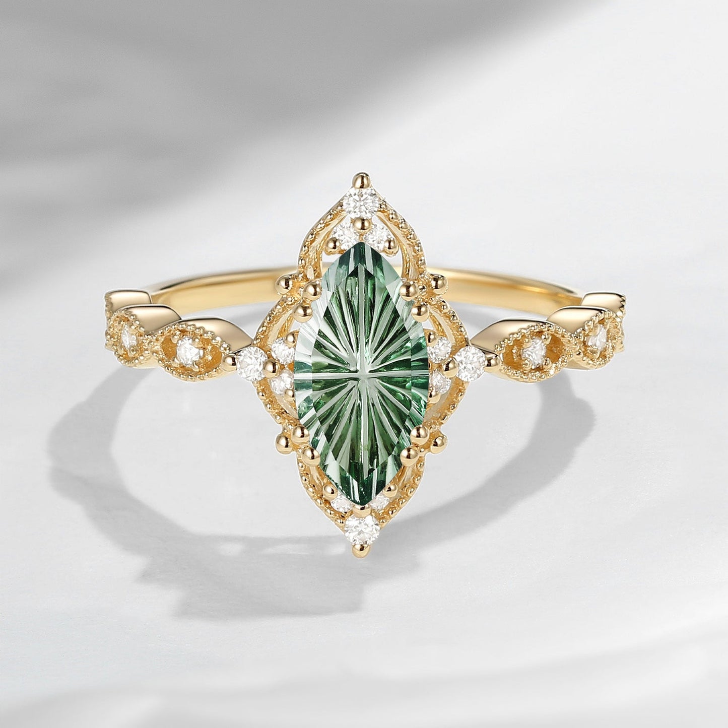 Fantasy Carved Lab Green Sapphire Marquise Vintage Inspired Engagement Ring