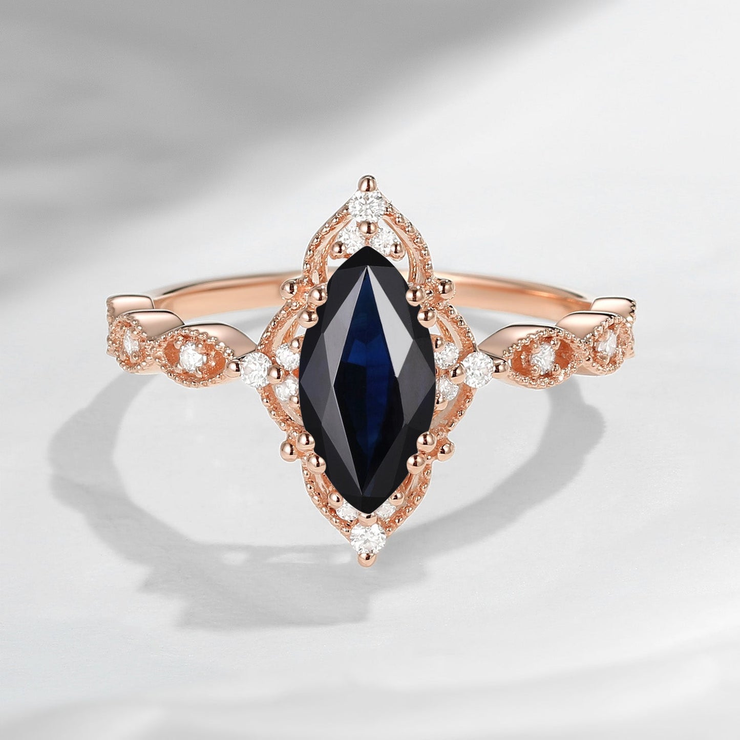 18K Unique Marquise Natural Black Sapphire Vintage Inspired Engagement Ring