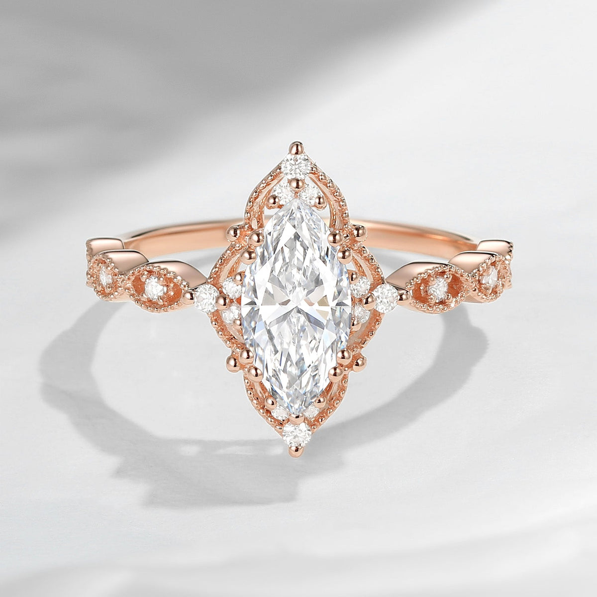 Unique Marquise Lab Diamond Vintage Inspired Engagement Ring