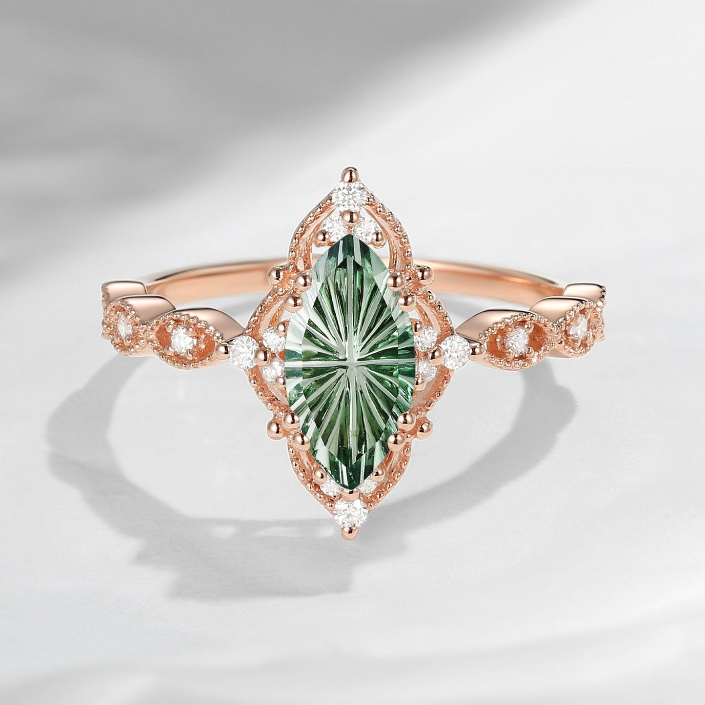 Fantasy Carved Lab Green Sapphire Marquise Vintage Inspired Engagement Ring