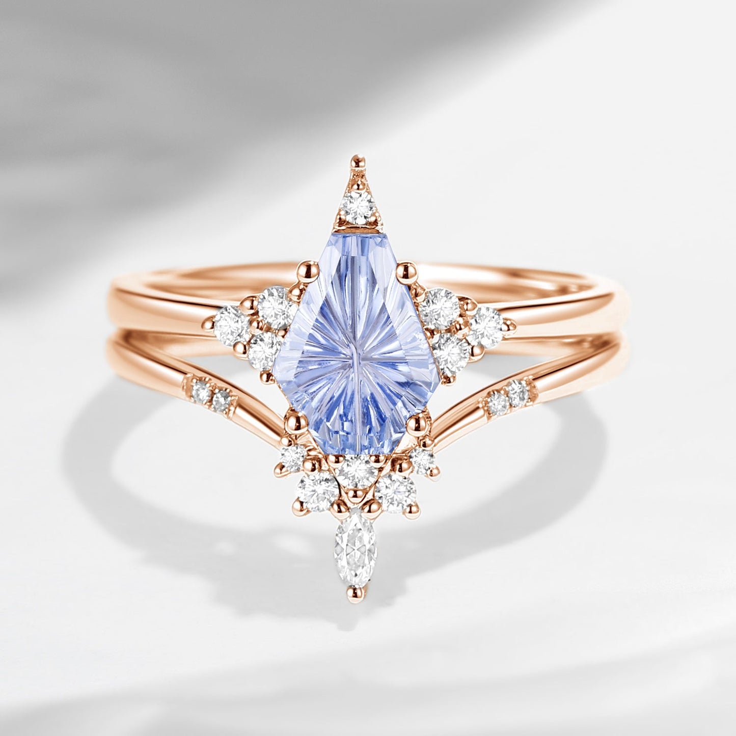 'Coffin Kite' - Fantasy Carved Coffin Lab Cornflower Sapphire Cluster Star Engagement Ring Set