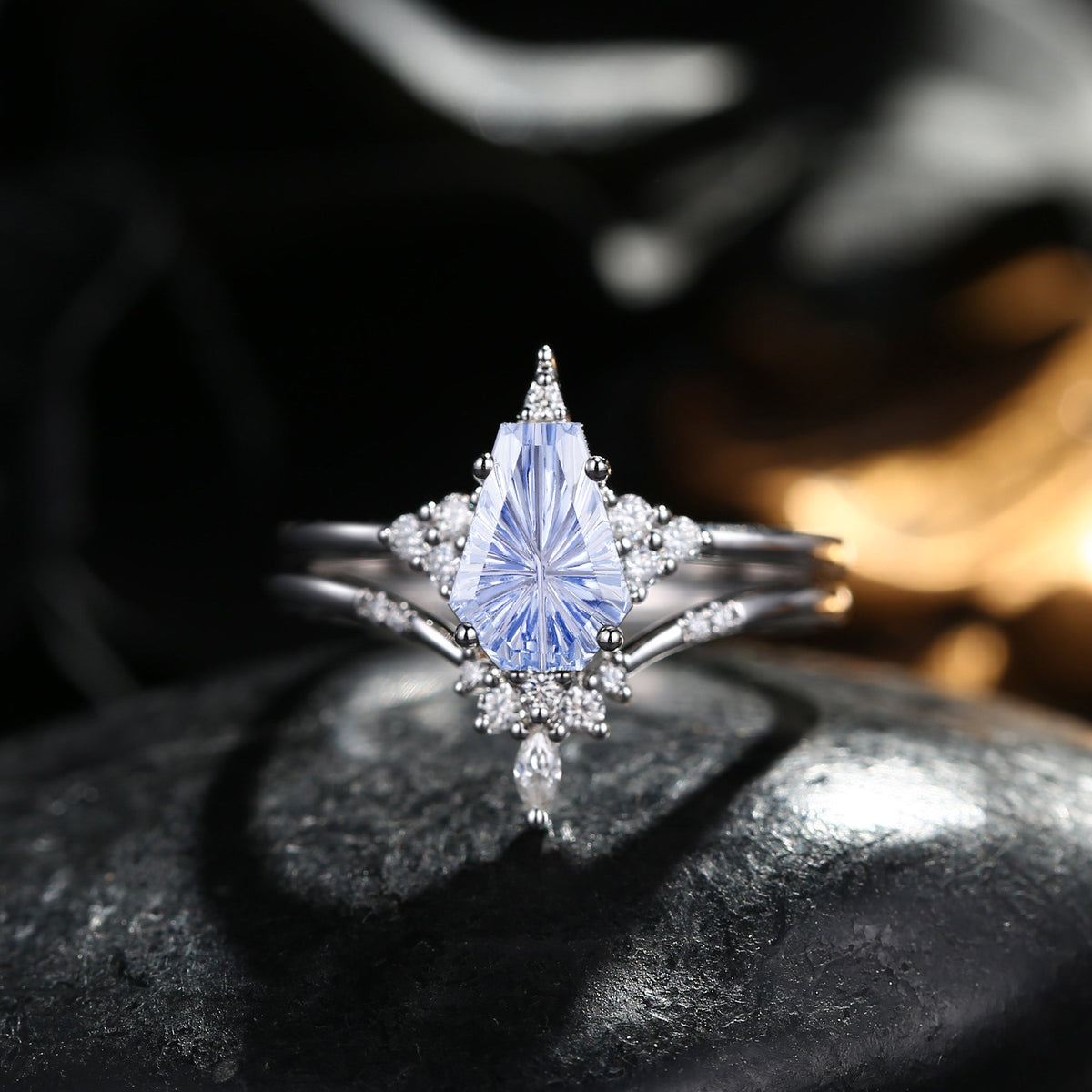 'Coffin Kite' - Fantasy Carved Coffin Lab Cornflower Sapphire Cluster Star Engagement Ring Set