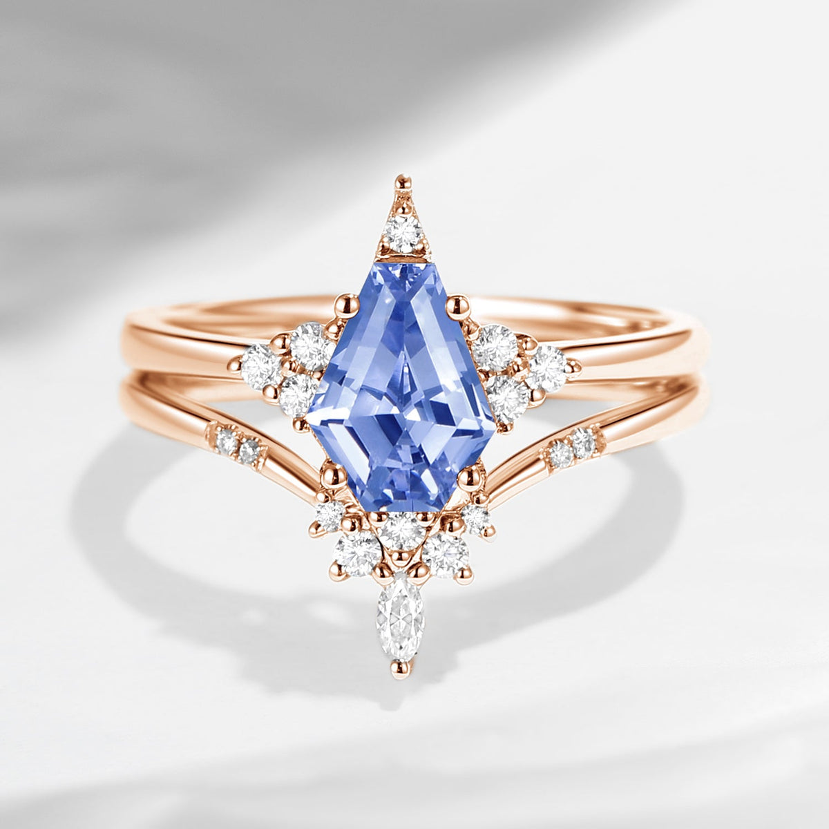 Unique Coffin Lab Cornflower Sapphire Star Cluster Engagement Ring Set 2pcs - Coffin Kite