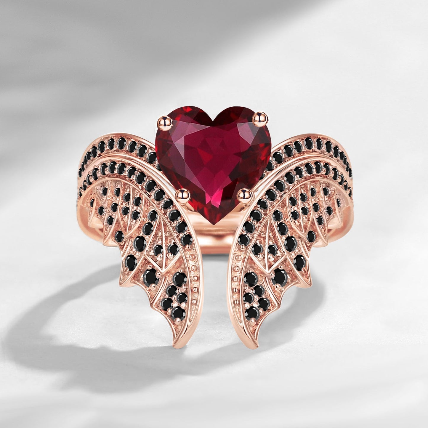 Gothic Vintage Heart Shaped Natural Ruby Black Inspired Bridal Set 2pcs - Bat Ring
