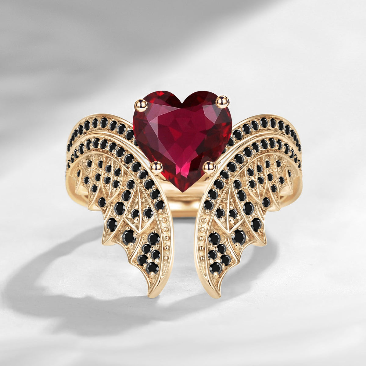 Gothic Vintage Heart Shaped Natural Ruby Black Inspired Bridal Set 2pcs - Bat Ring