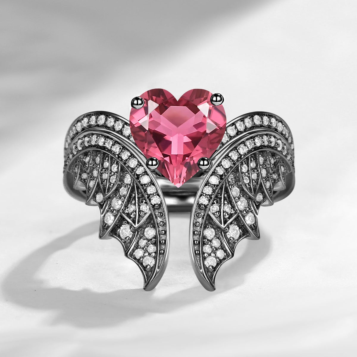 Heart Shaped Natural Pink Tourmaline Vintage Bridal Set 2pcs - Bat Ring