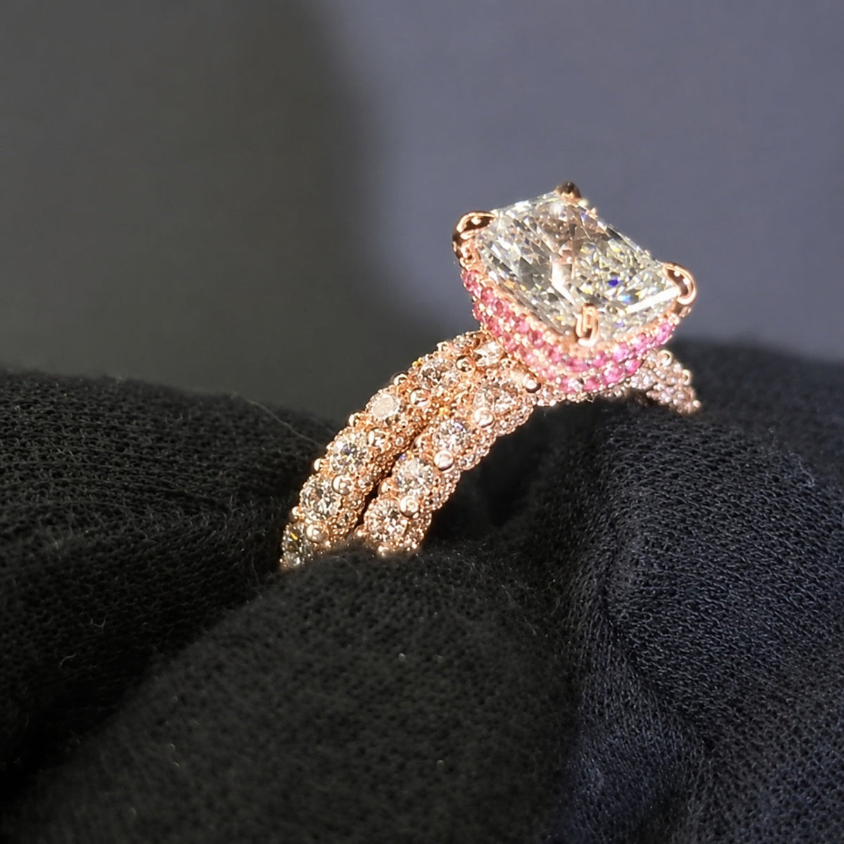 Radiant Cut 5.0ct Double Pink Hidden Halo 2PC Bridal Set in Sterling Silver