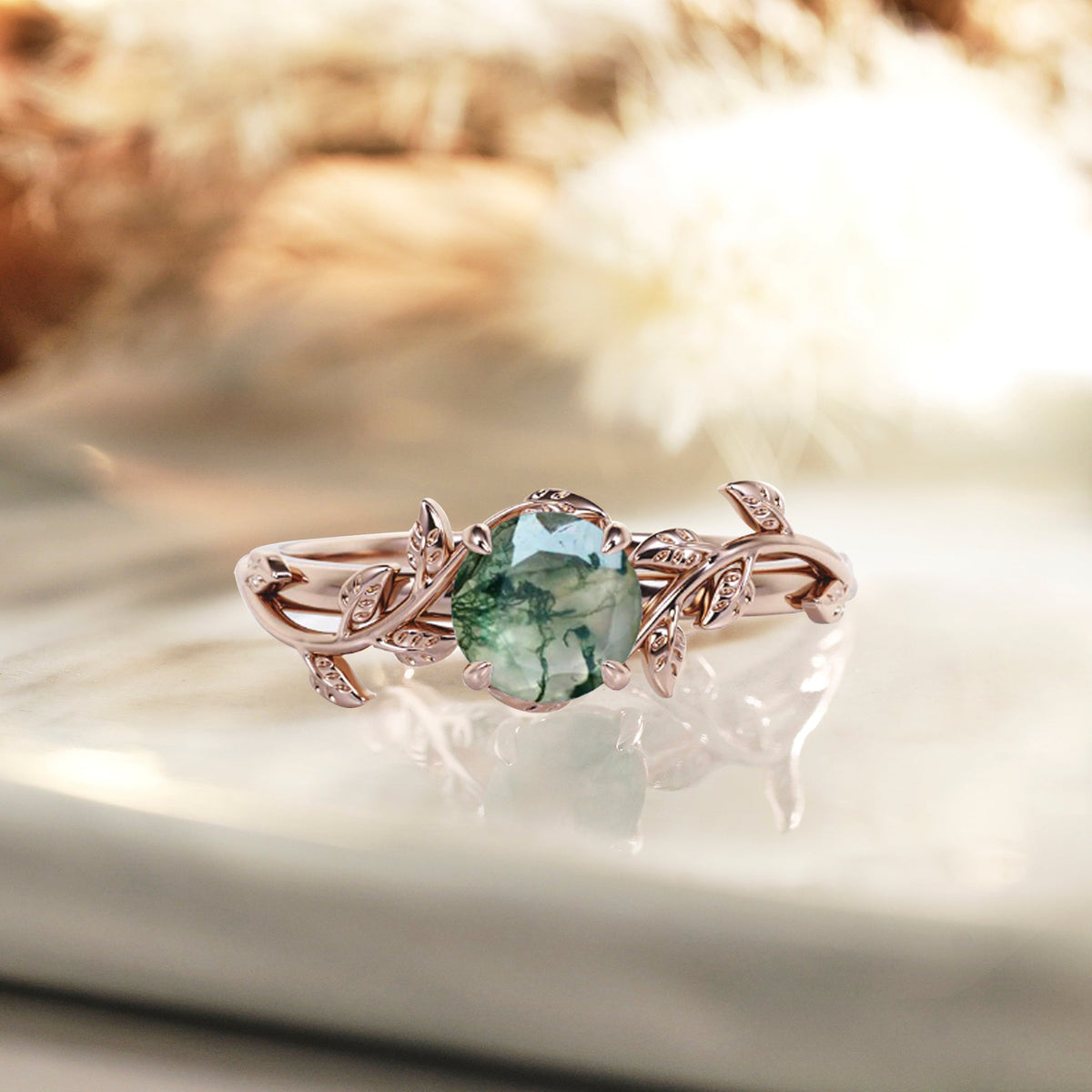 Nature Inspired 1 Ct Round Green Moss Agate Engagement Ring