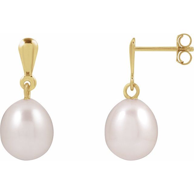 White Freshwater Pearl Gold Drop Stud Earrings