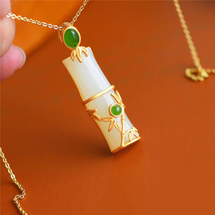Fortune Jewel White Jade Cyan Jade Bamboo Protection Necklace Pendant