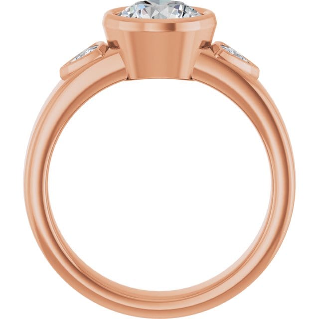 Trudy- Three Stone Bezel set Round Moissanite Engagement Ring with Trillion Side Accents
