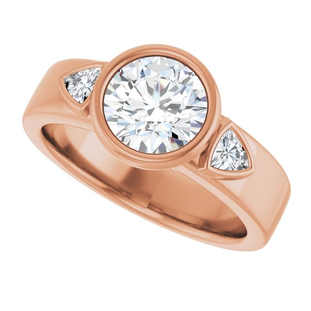 Trudy- Three Stone Bezel set Round Moissanite Engagement Ring with Trillion Side Accents