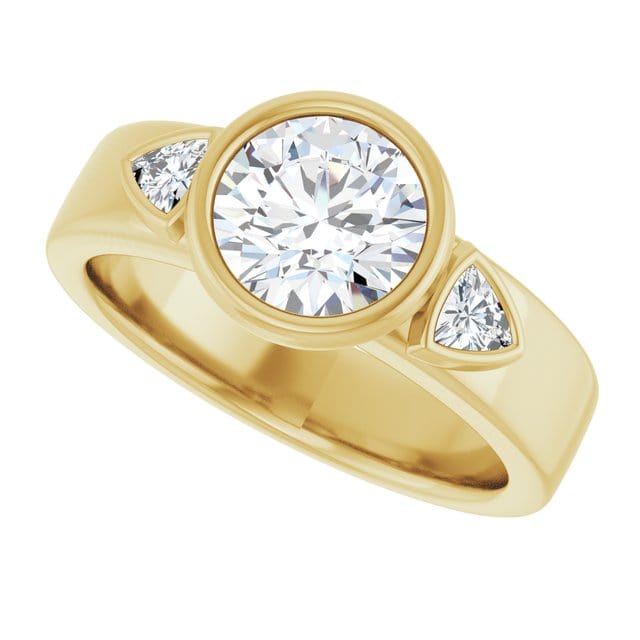 Trudy- Three Stone Bezel set Round Moissanite Engagement Ring with Trillion Side Accents