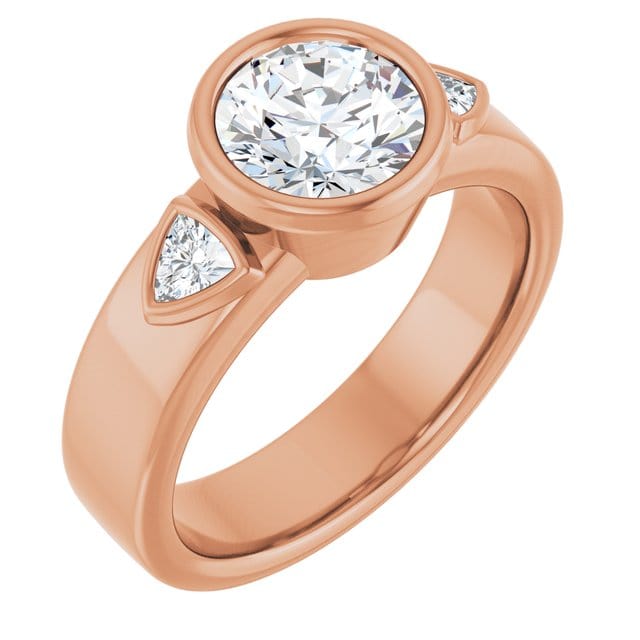 Trudy- Three Stone Bezel set Round Moissanite Engagement Ring with Trillion Side Accents