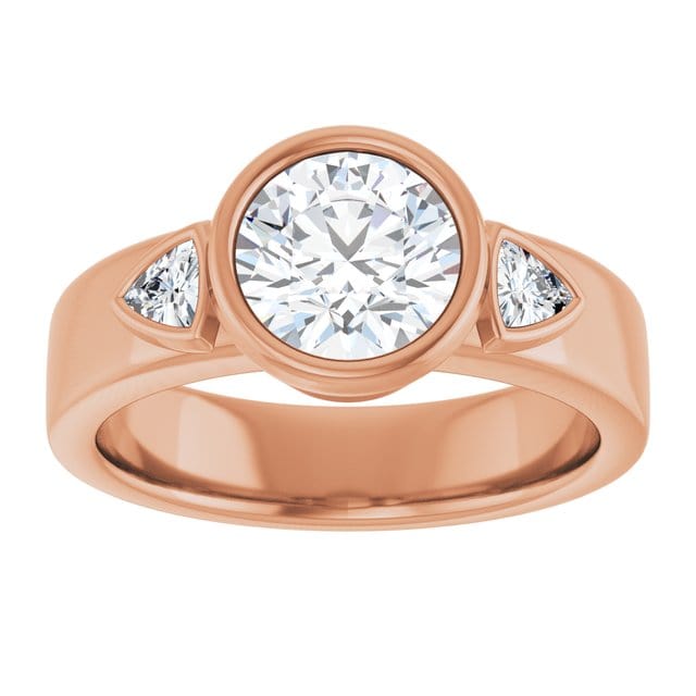 Trudy- Three Stone Bezel set Round Moissanite Engagement Ring with Trillion Side Accents