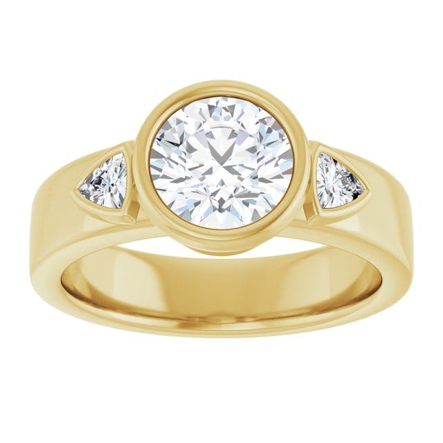 Trudy- Three Stone Bezel set Round Moissanite Engagement Ring with Trillion Side Accents