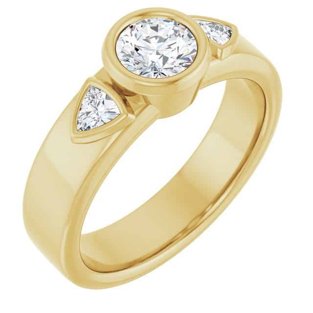 Trudy- Three Stone Bezel set Round Moissanite Engagement Ring with Trillion Side Accents