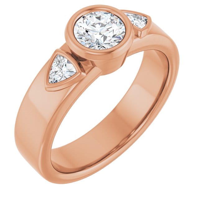 Trudy- Three Stone Bezel set Round Moissanite Engagement Ring with Trillion Side Accents