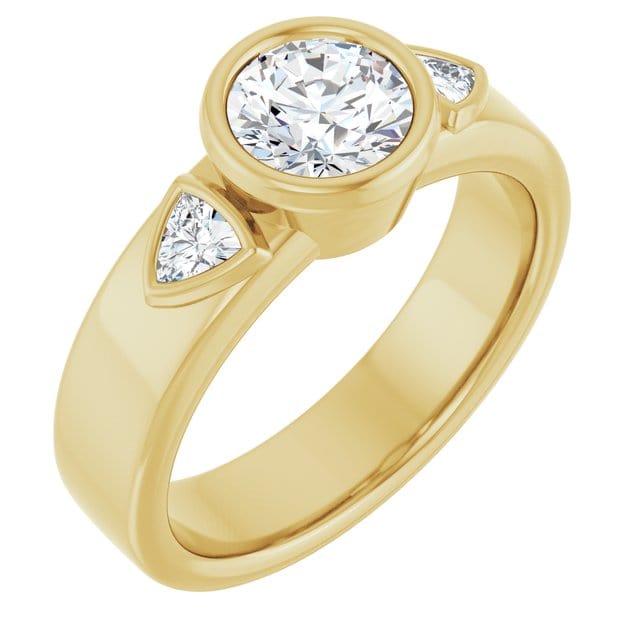 Trudy- Three Stone Bezel set Round Moissanite Engagement Ring with Trillion Side Accents