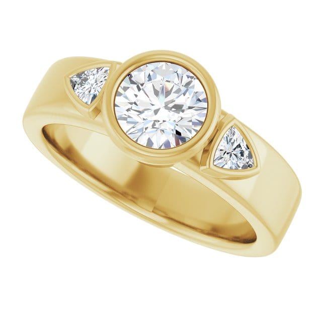 Trudy- Three Stone Bezel set Round Moissanite Engagement Ring with Trillion Side Accents