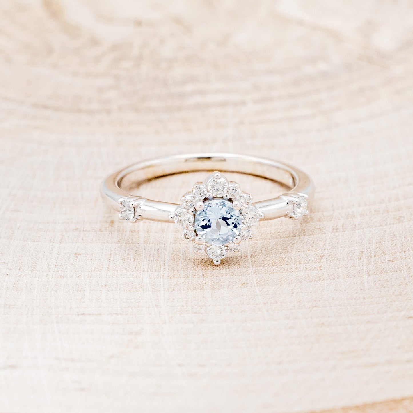"Starla" - Aquamarine Engagement Ring With Starburst Diamond Halo & Contoured Tracer