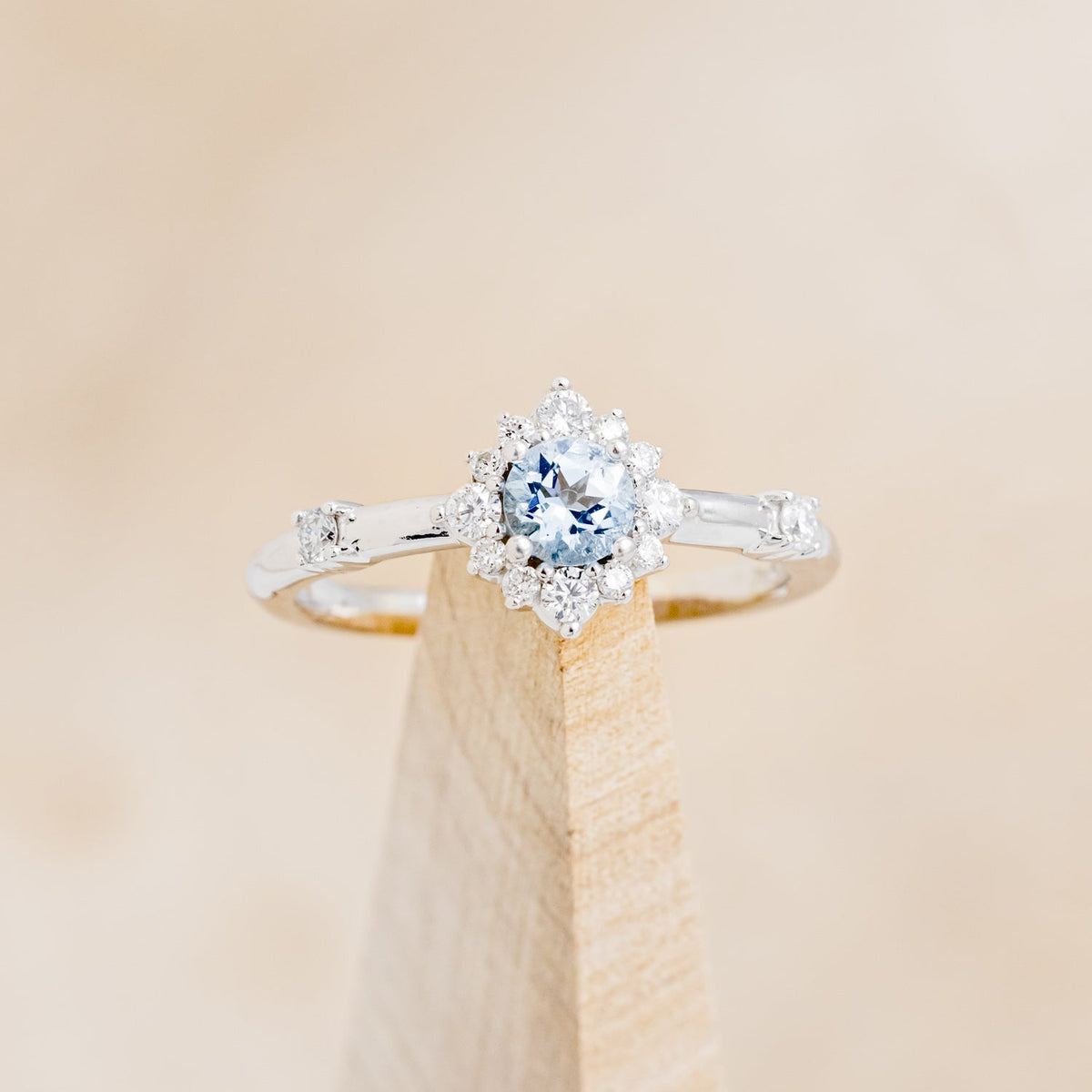 "Starla" - Aquamarine Engagement Ring With Starburst Diamond Halo & Contoured Tracer