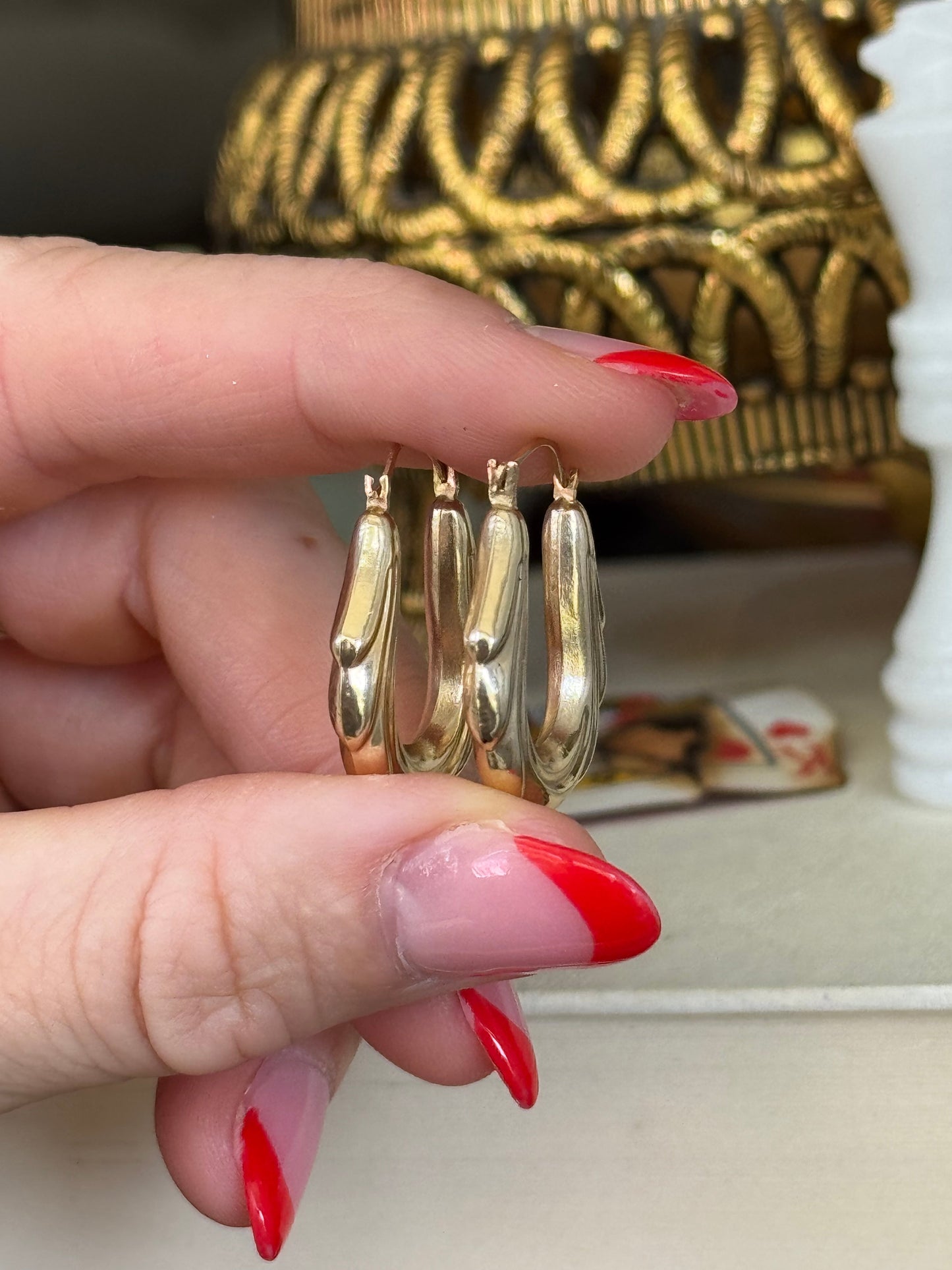 Estate 14k Yellow Gold Puffy Draped Oval Hoop Earrings