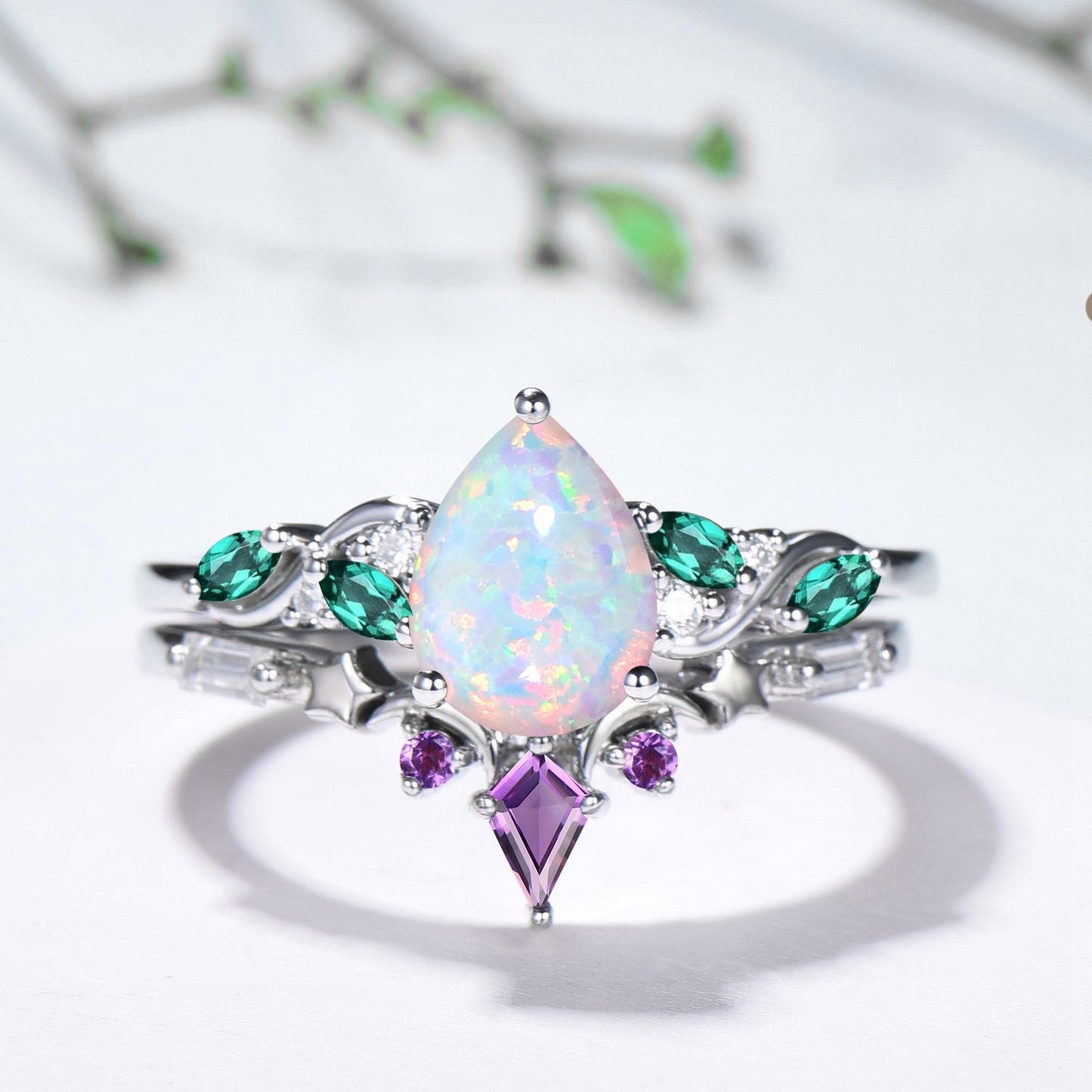 Opal and Emerald Wedding Ring Set, Pear Shaped Opal Ring, 14K White Gold Boho Engagement Ring, Unique Gift