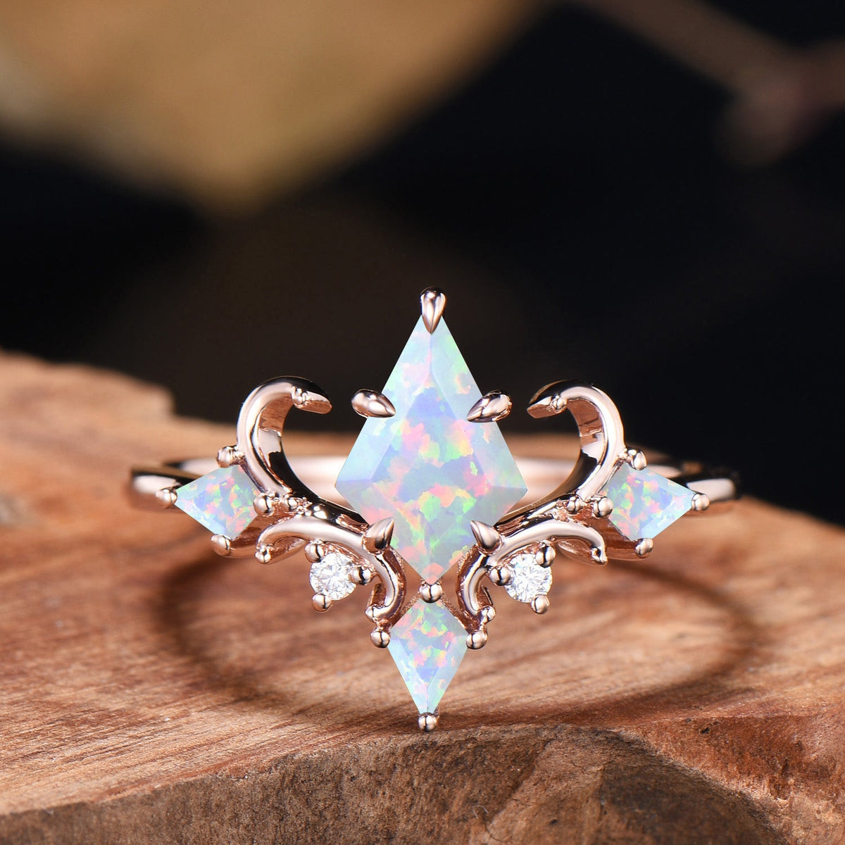 Unique Kite Cut Opal Engagement Ring Rose Gold Magic Infinity Fly