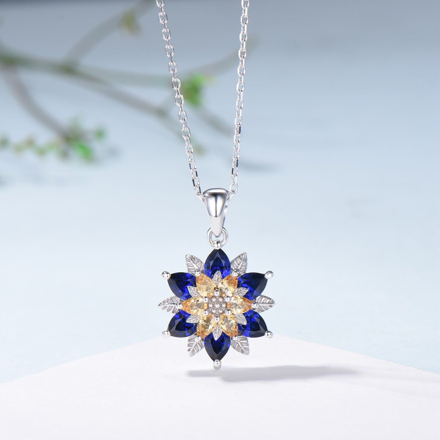 Unique Sunflower Citrine Necklace Elegant Natural Inspired Blue Sapphire Necklace Double Halo Floral Pendant Leaf Vine Anniversary Gift