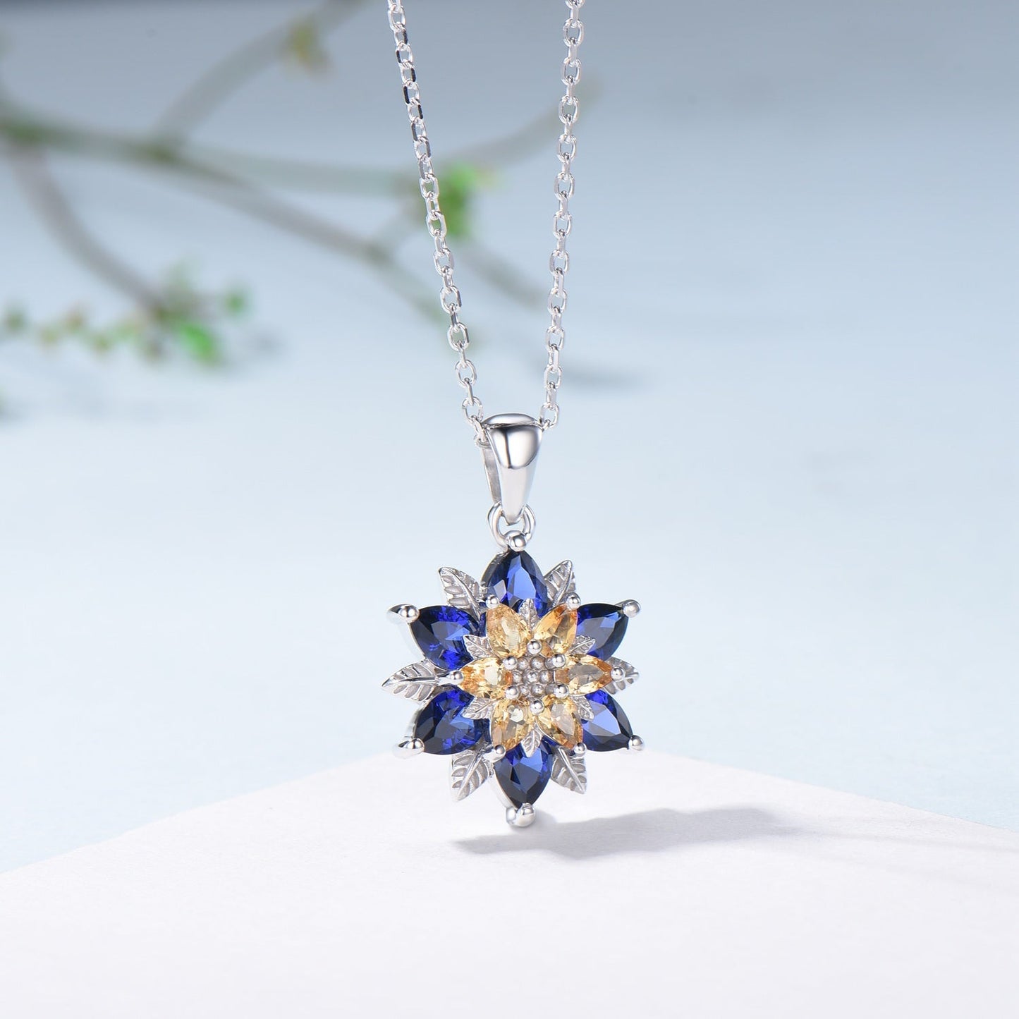 Unique Sunflower Citrine Necklace Elegant Natural Inspired Blue Sapphire Necklace Double Halo Floral Pendant Leaf Vine Anniversary Gift