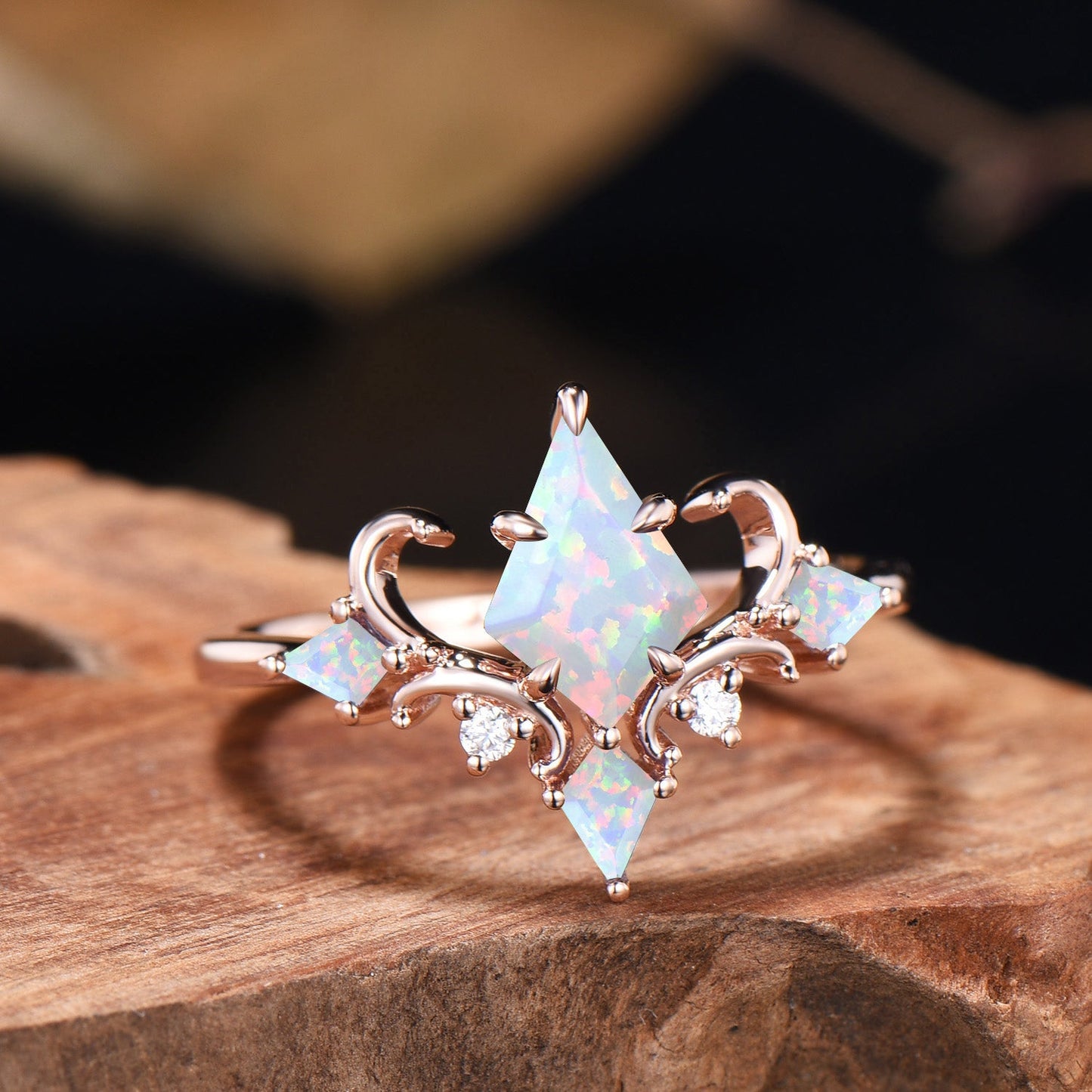 Unique Kite Cut Opal Engagement Ring Rose Gold Magic Infinity Fly