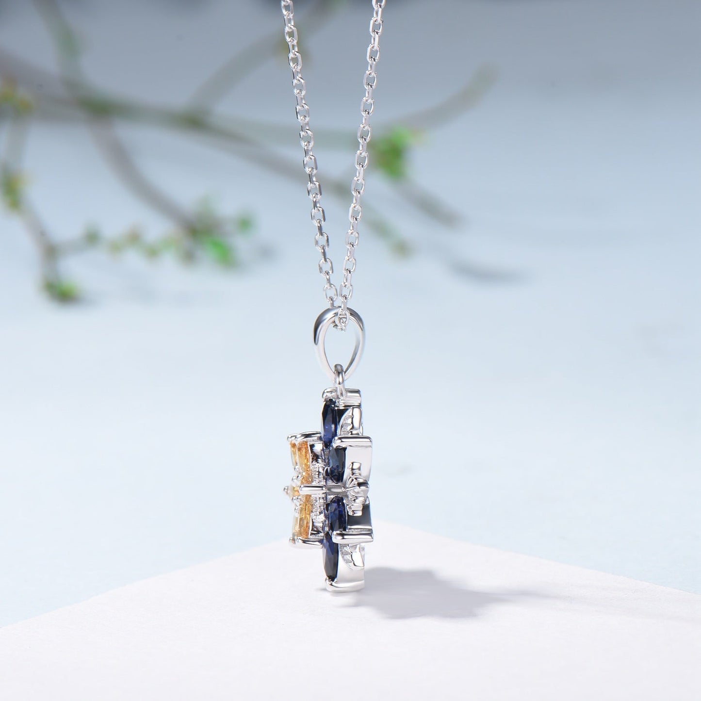 Unique Sunflower Citrine Necklace Elegant Natural Inspired Blue Sapphire Necklace Double Halo Floral Pendant Leaf Vine Anniversary Gift
