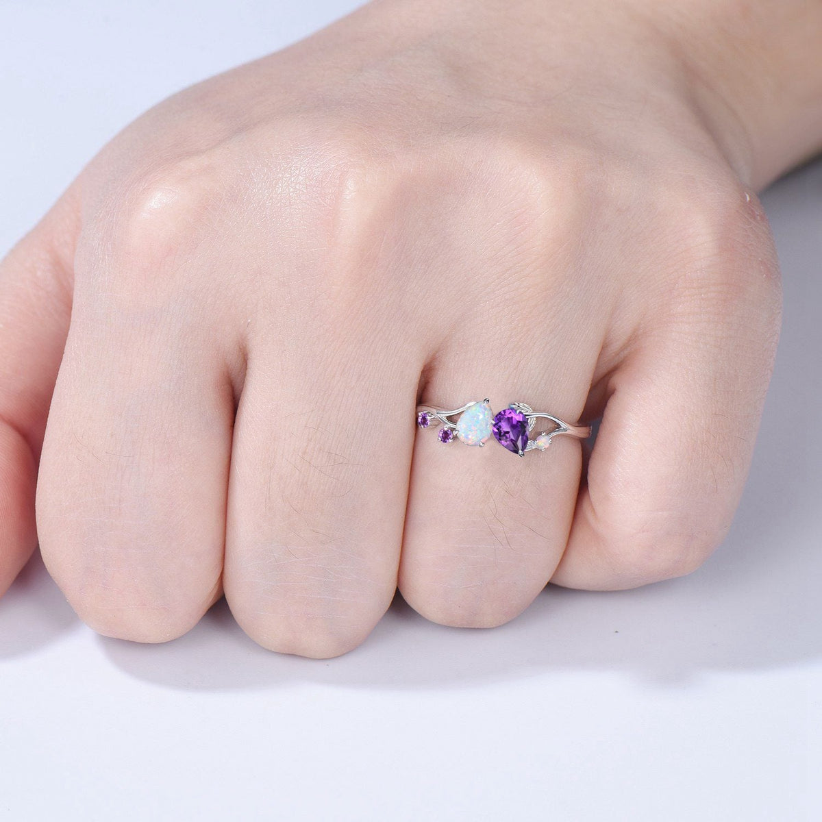 Toi et Moi Opal Amethyst Engagement Ring | Nature Inspired Vine Band