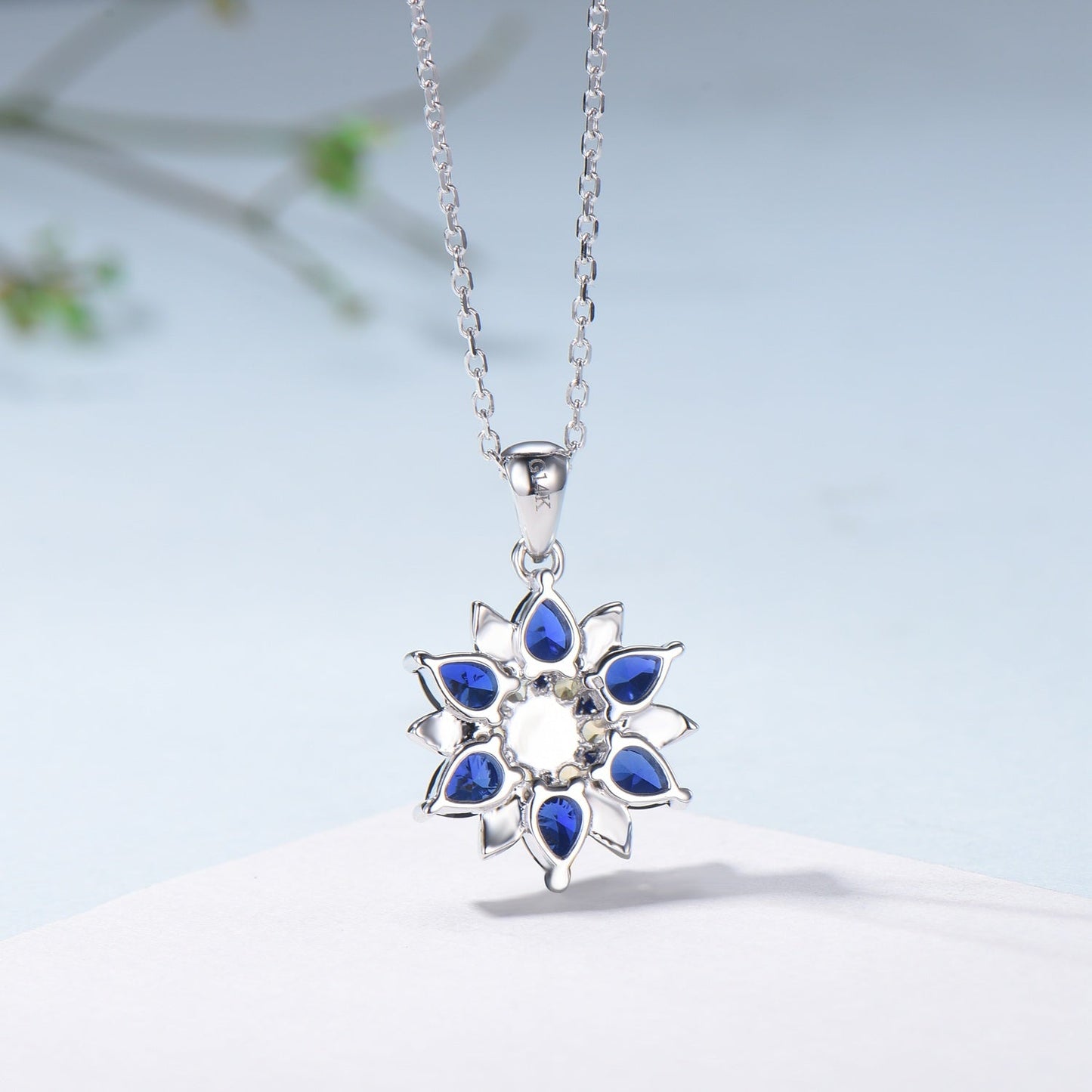 Unique Sunflower Citrine Necklace Elegant Natural Inspired Blue Sapphire Necklace Double Halo Floral Pendant Leaf Vine Anniversary Gift