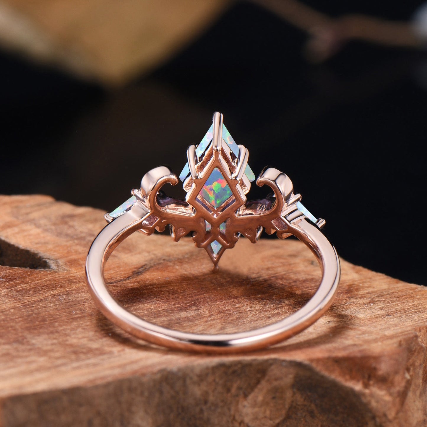 Unique Kite Cut Opal Engagement Ring Rose Gold Magic Infinity Fly