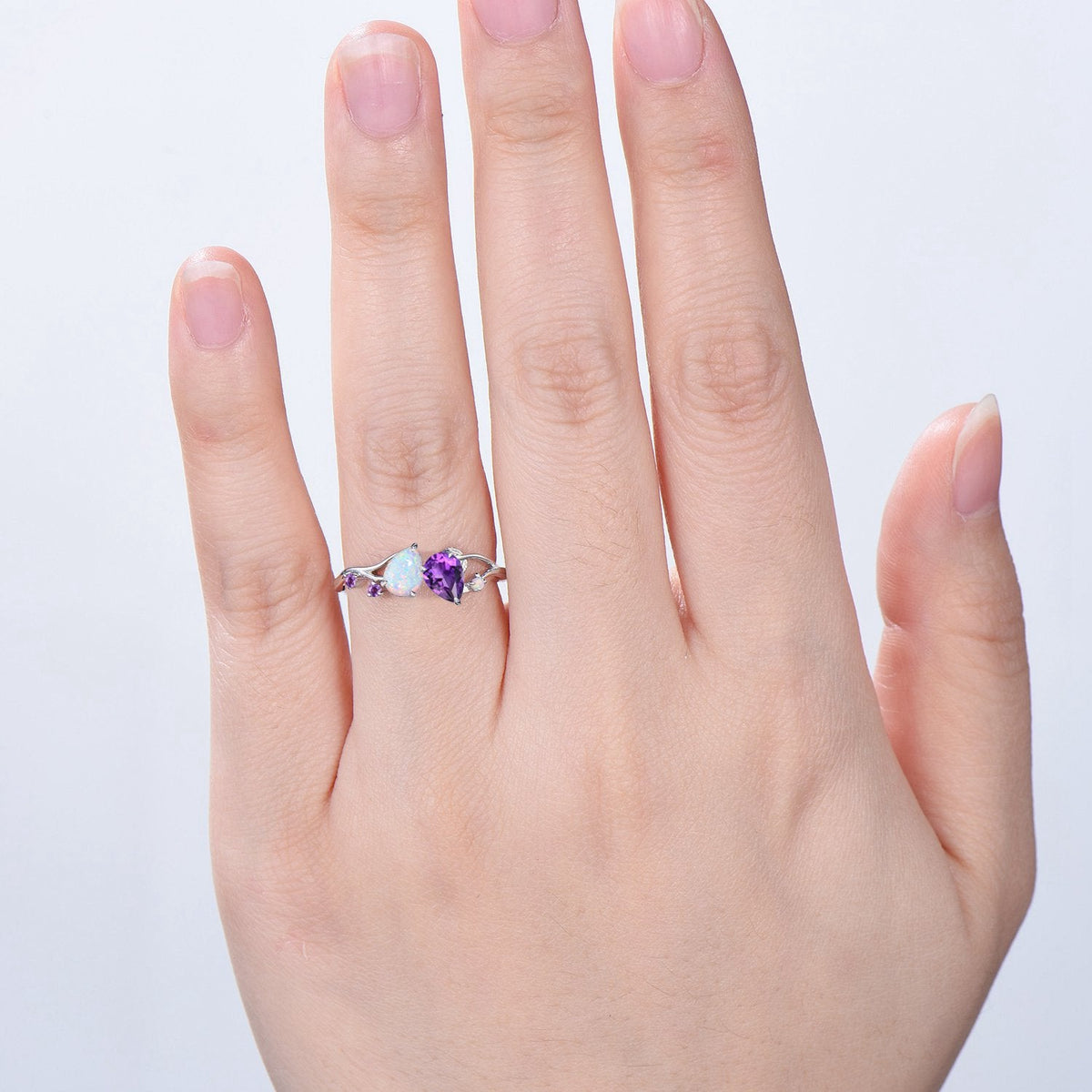 Toi et Moi Opal Amethyst Engagement Ring | Nature Inspired Vine Band