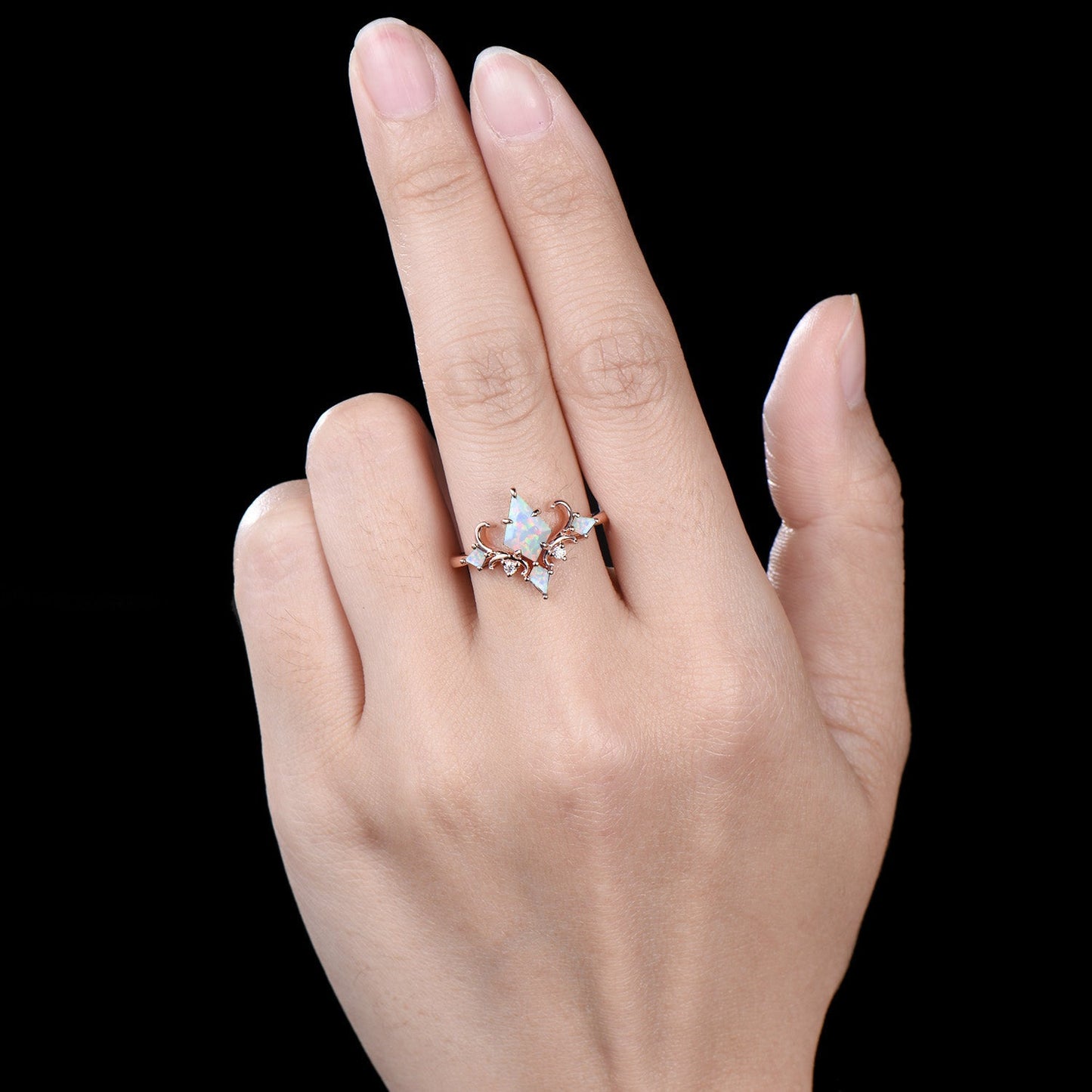 Unique Kite Cut Opal Engagement Ring Rose Gold Magic Infinity Fly