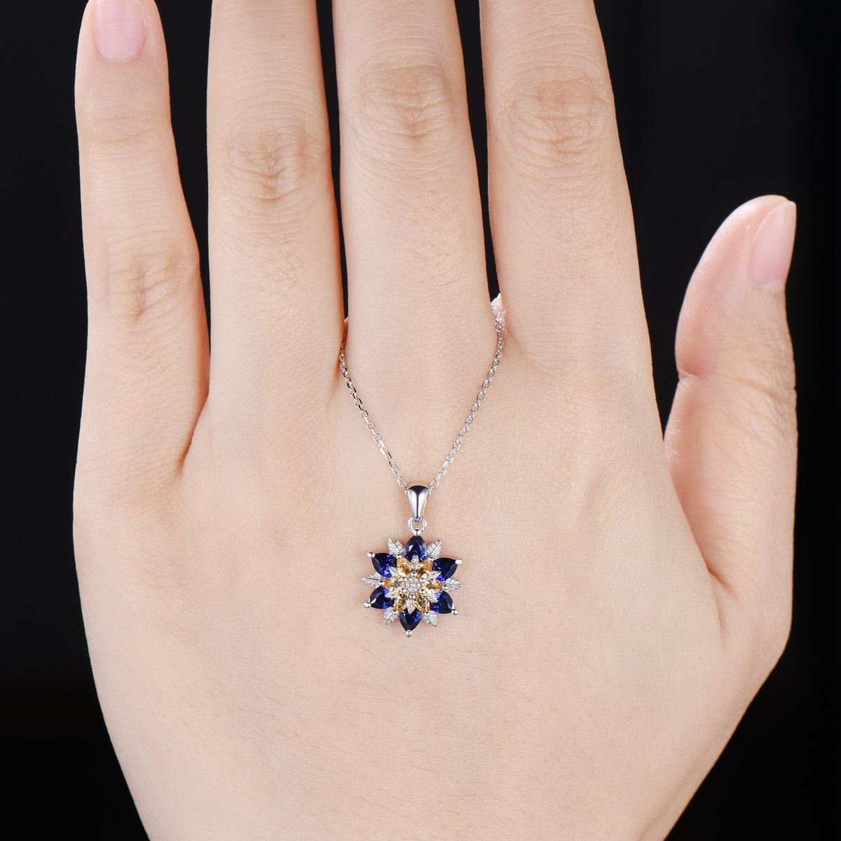 Unique Sunflower Citrine Necklace Elegant Natural Inspired Blue Sapphire Necklace Double Halo Floral Pendant Leaf Vine Anniversary Gift