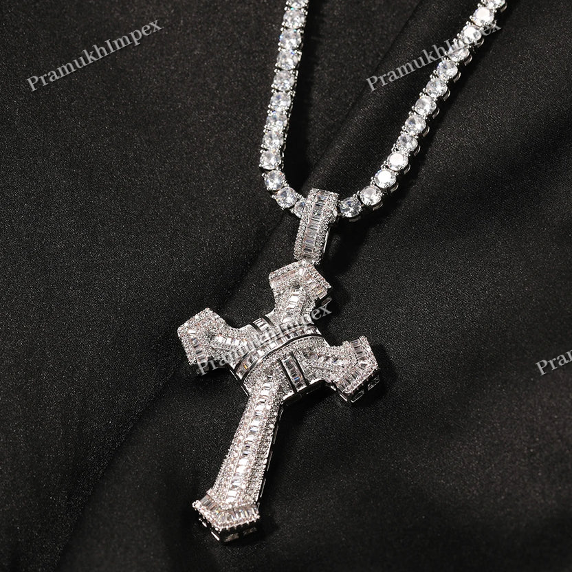 925 Silver Two Edged Sword Design Moissanite Cross Pendant