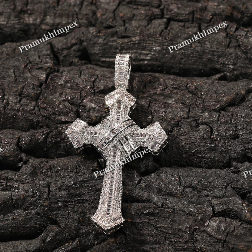 925 Silver Two Edged Sword Design Moissanite Cross Pendant