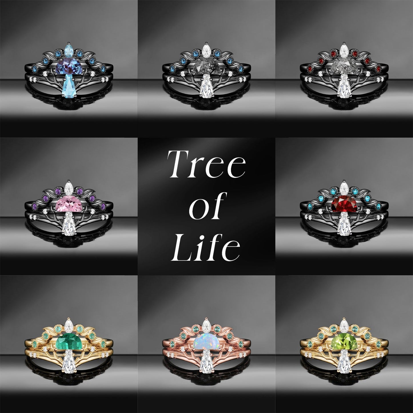 Tree of Life – Nature Inspired Half Moon Lab Pink Sapphire & Coffin Moissanite Mushroom Engagement Ring Set