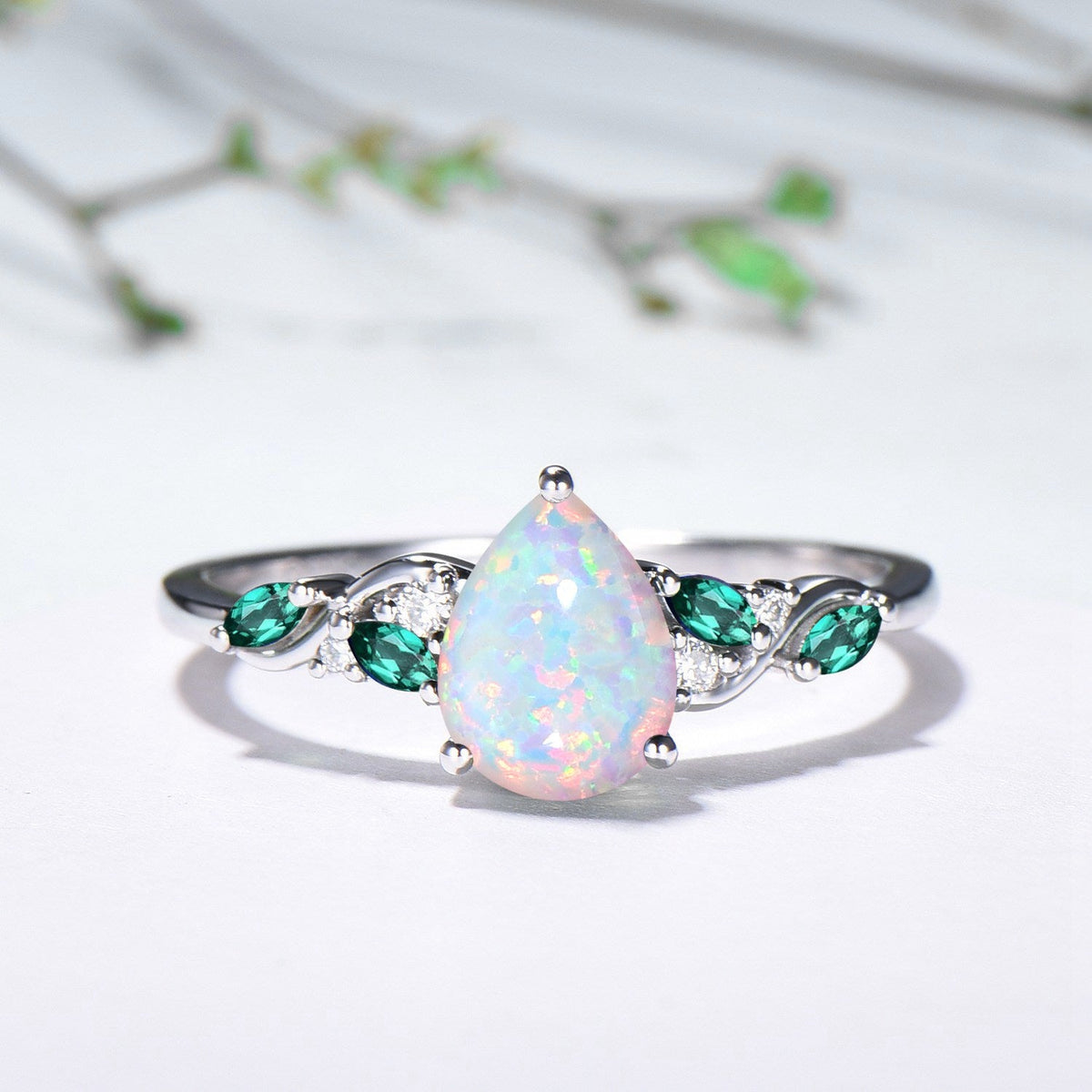 Opal and Emerald Wedding Ring Set, Pear Shaped Opal Ring, 14K White Gold Boho Engagement Ring, Unique Gift