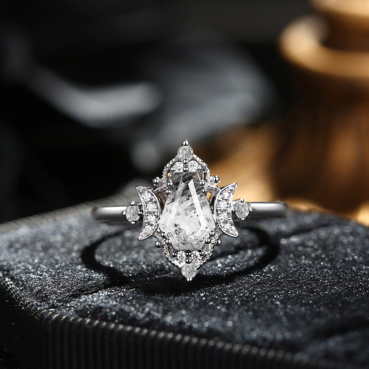 Crescent Moon 'Evermore' | Vintage Inspired Coffin Cut Herkimer Diamond Engagement Ring