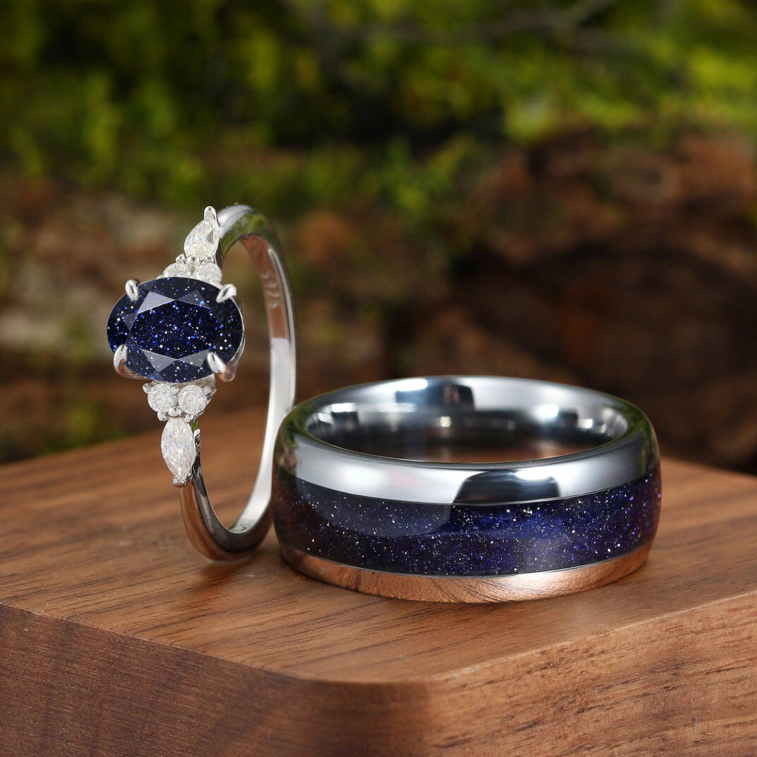 Custom Order - Exquisite Oval Blue Sandstone Accents Engagement Couples Ring Set His And Hers Wedding Bands Marriage Rings